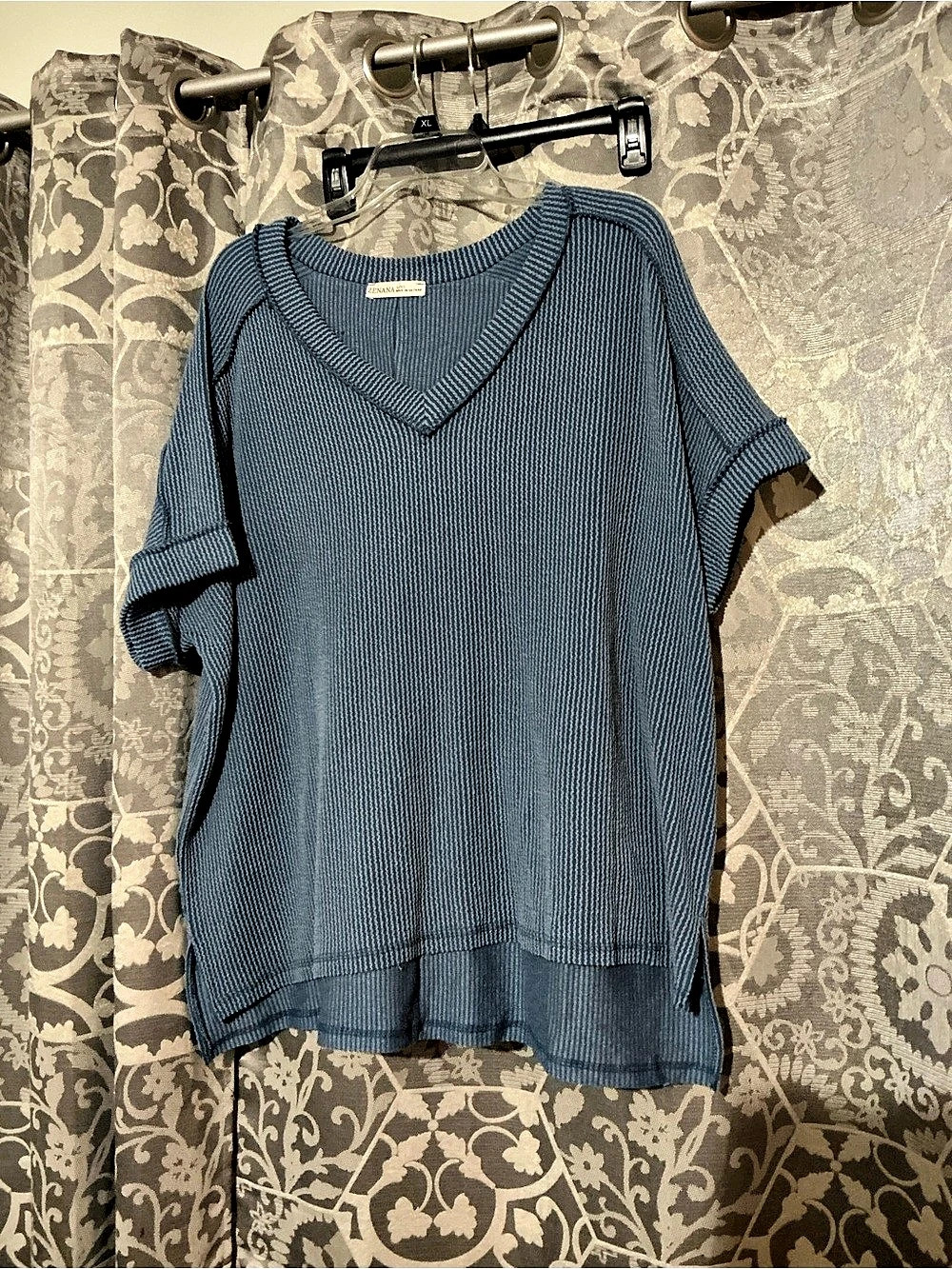 Zenana Corded Rib Short Sleeve Hi-Low V-Neck Top Blue